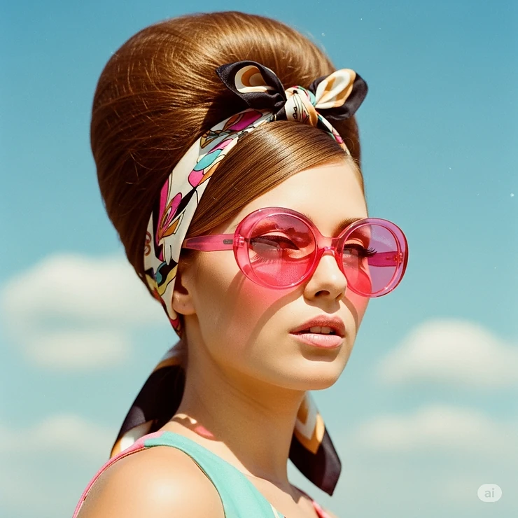 A retro-inspired image of a woman with a beehive hairstyle wearing vintage hot pink sunglasses with thick, circular frames.
