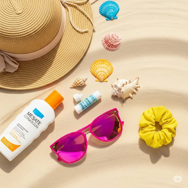 A still-life photograph of various accessories including a vibrant pair of hot pink sunglasses, a sun hat, and a bottle of sunscreen.