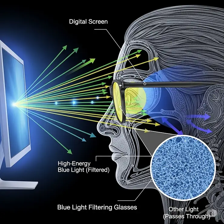 An illustration showing how blue light glasses filter out high-energy blue light from a digital screen before it reaches the wearer's eyes.