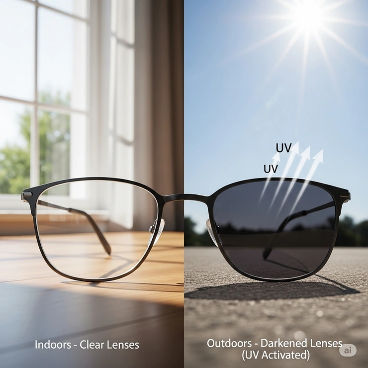 An illustration demonstrating the photochromic lens darkening process. The image shows lenses indoors as clear and then outdoors as they react to UV light by darkening. polarized vs photochromic lenses