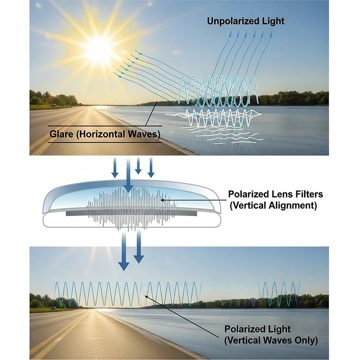 An illustration showing how polarized lenses filter out horizontal light waves to eliminate glare, such as sunlight reflecting off a wet road or a lake's surface.