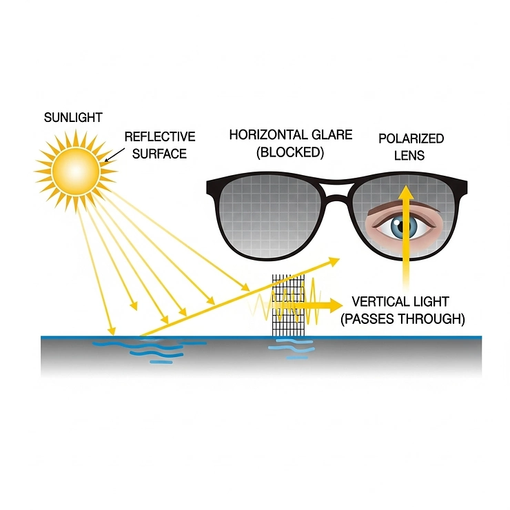 A simple diagram illustrating how polarized lenses block horizontal light waves that cause glare, allowing only vertical light waves to pass through. This explains the mechanism of how polarized sunglasses work.