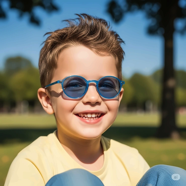 Happy child wearing small blue lenses sunglasses, demonstrating UV protection for young eyes.
