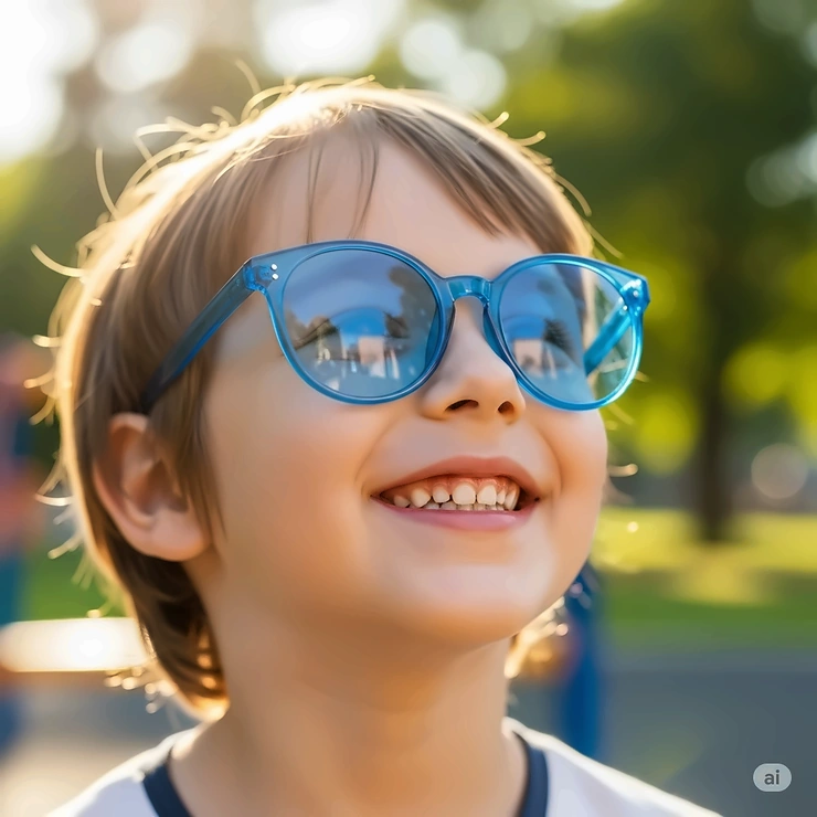 A child joyfully wearing adorable blue tinted sunglasses, highlighting options available for younger wearers and sun protection.