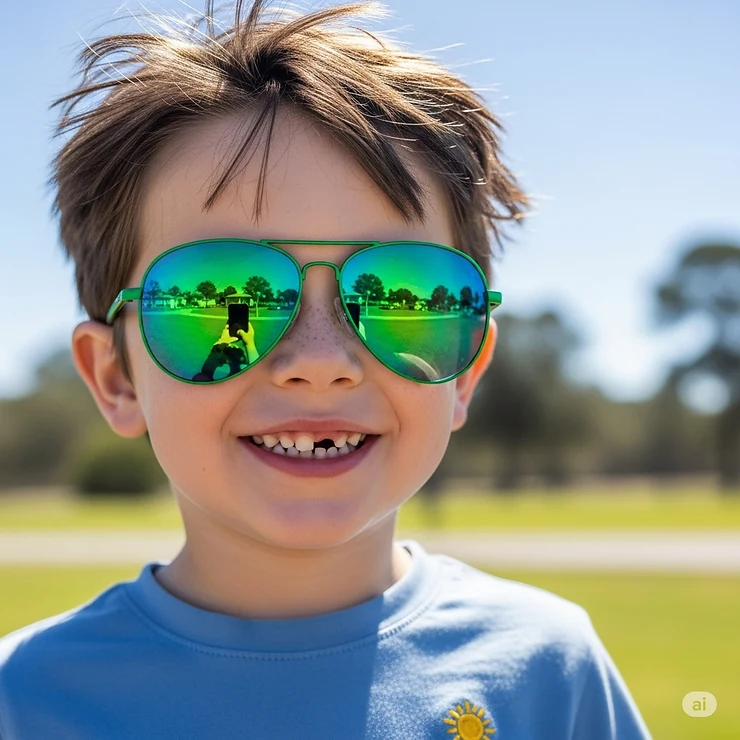 A young boy wearing a small pair of green aviator sunglasses, demonstrating that this classic style is also available for children and provides great sun protection for all ages.