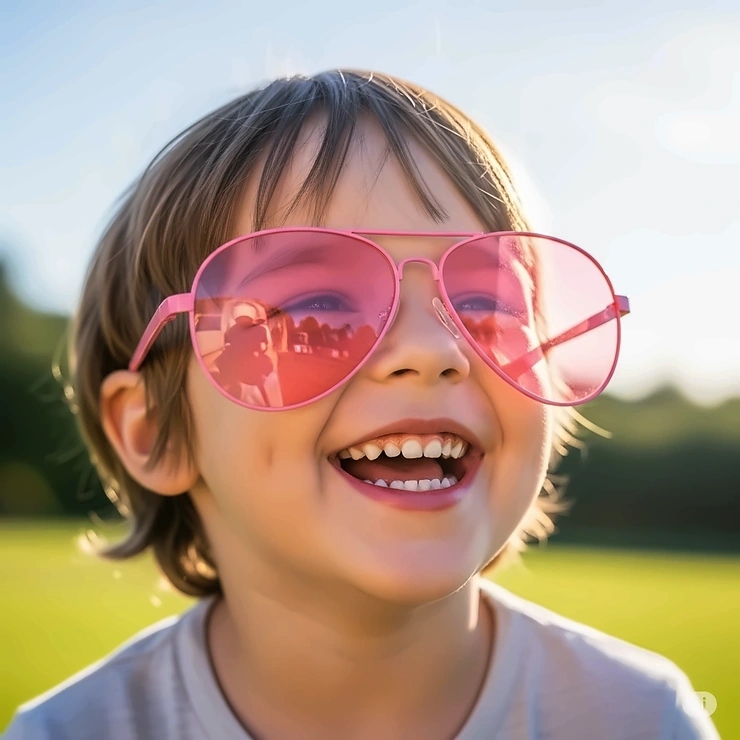 A child laughing happily while wearing a pair of oversized pink aviator sunglasses, perfect for a fun day outside.