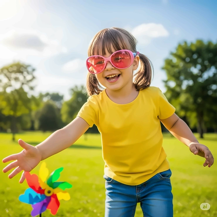 A happy child smiling and playing outside while wearing cute, protective pink lens sunglasses designed for kids.