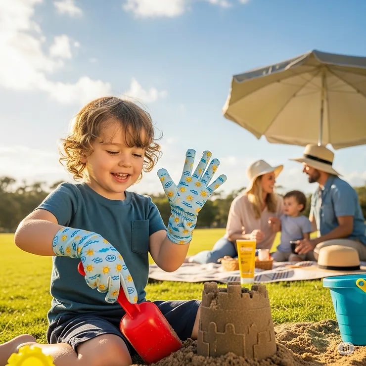 A child wearing colorful, small-sized sun protection gloves while playing outdoors, emphasizing sun safety for the whole family.