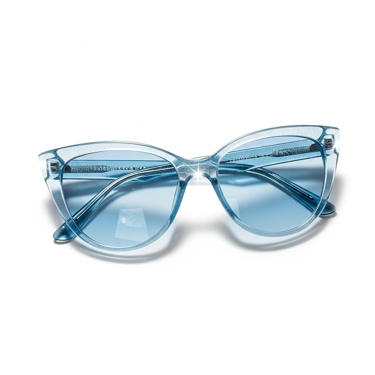 A pair of elegant cat-eye style light blue sunglasses with a shimmering, translucent finish, placed on a white background.