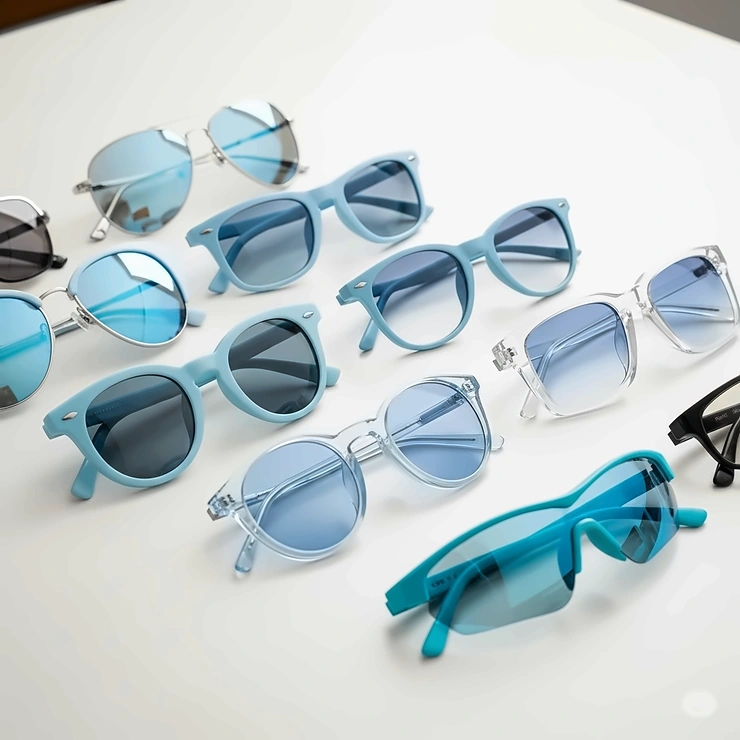 A collection of various styles of light blue sunglasses, including aviator, wayfarer, and square frames, displayed side-by-side.