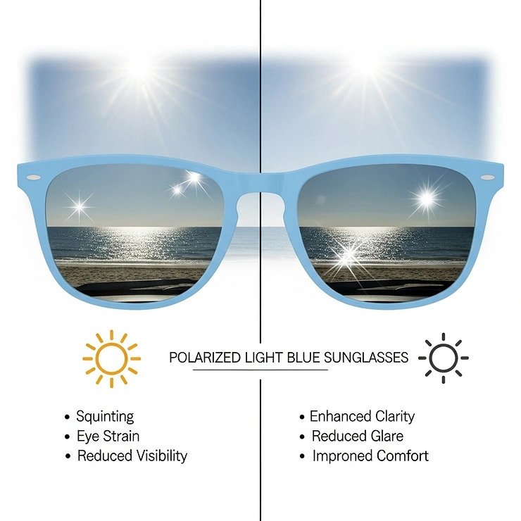 An infographic illustrating the benefits of polarized light blue sunglasses, showing how they reduce glare and improve clarity.