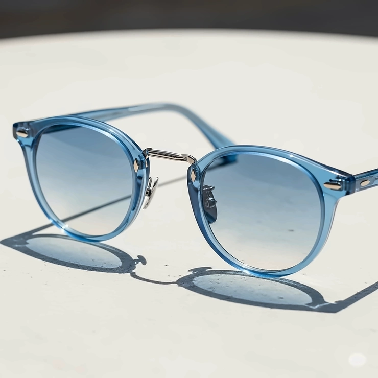 Close-up of a pair of vintage-inspired round frame light blue sunglasses, showcasing the quality craftsmanship and a subtle gradient lens.