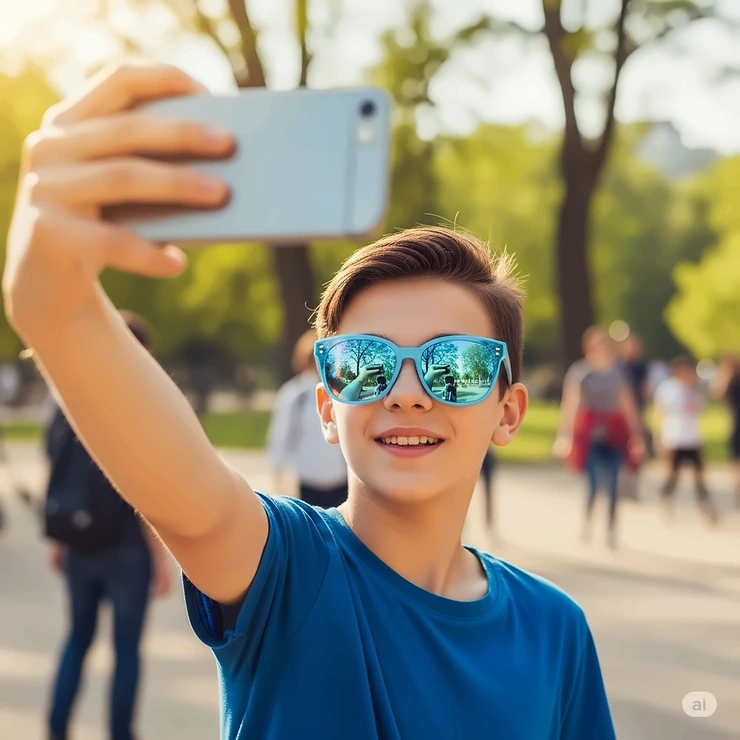 A teenager taking a selfie, wearing a cool pair of light blue sunglasses with mirrored lenses, capturing a fun and youthful vibe.
