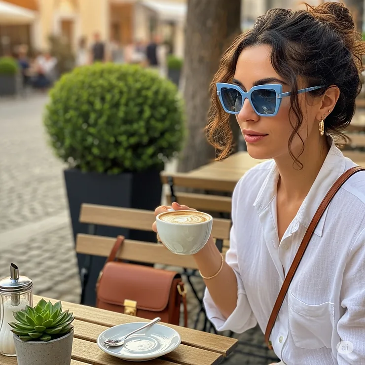 A woman enjoying a coffee at an outdoor cafe, wearing chic light blue sunglasses with a unique frame design.