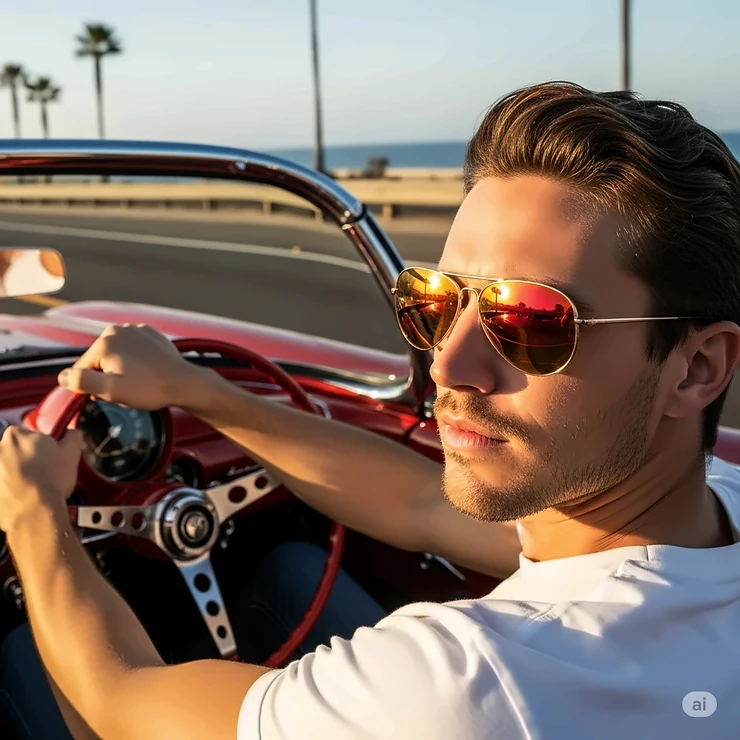 A man driving a convertible, his face partially shaded by a pair of orange aviator sunglasses with a reflective lens finish.