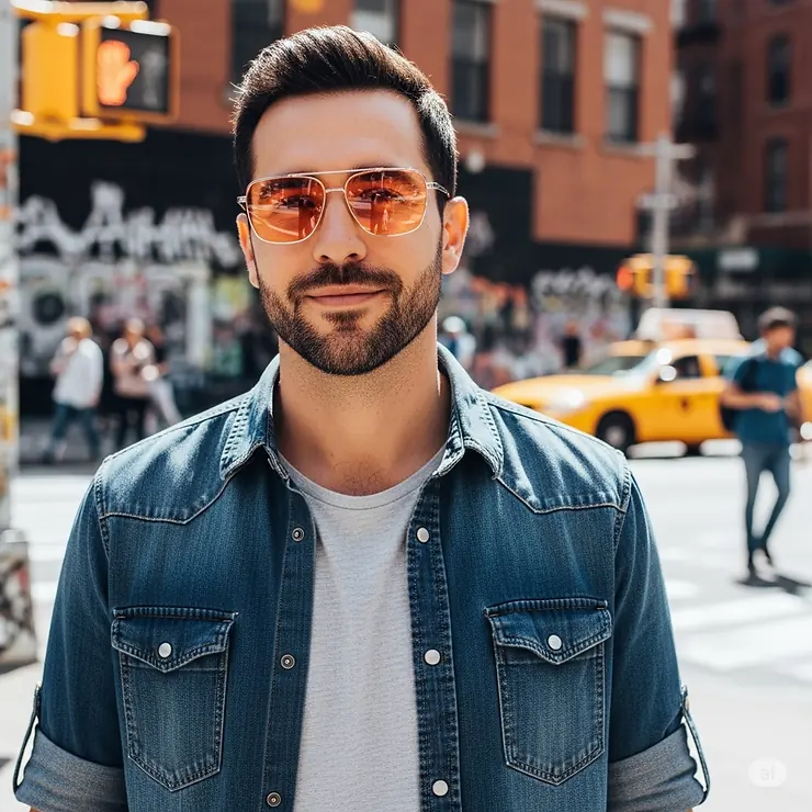 A man with a casual style wearing a pair of cool orange sunglasses, captured in an urban setting.