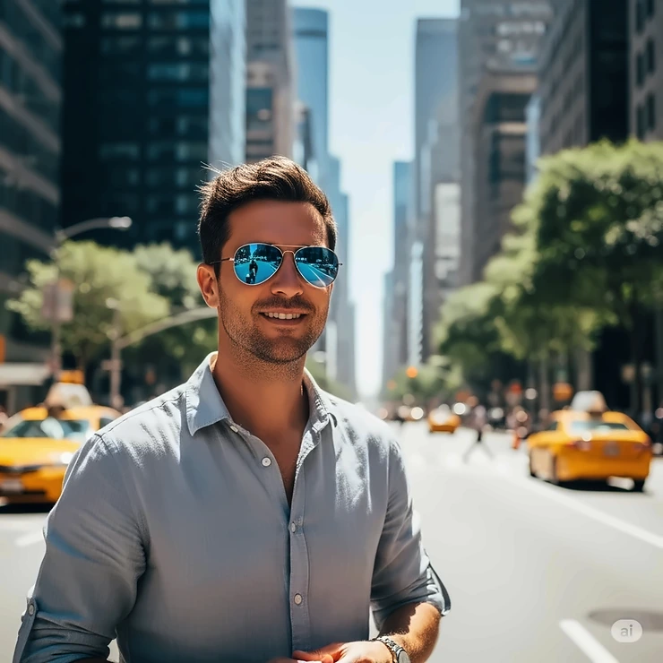 A man with a confident smile is seen wearing a pair of classic blue aviator sunglasses while standing on a sunny city street.