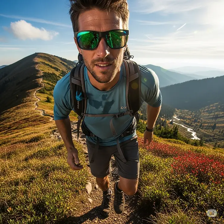 A man wearing green polarized sunglasses while enjoying a scenic hike, showcasing how the lenses reduce glare and enhance visibility.