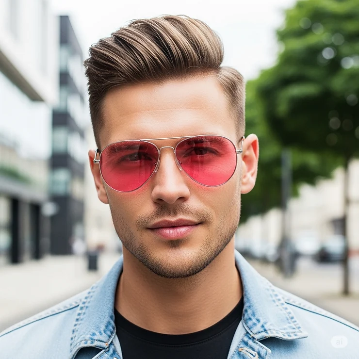 A man with a modern hairstyle wearing pink aviator sunglasses, showcasing their versatility and appeal for all genders.