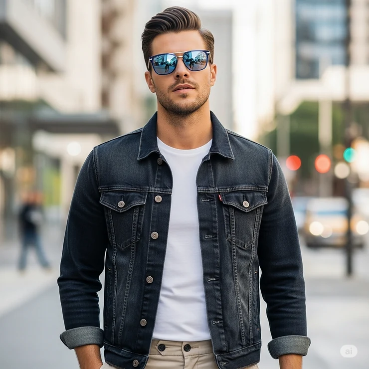 A man with a cool expression wearing contemporary blue tinted sunglasses, illustrating their versatility for different styles.