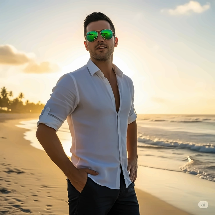 A man poses on a beach, looking cool in his green lens aviator sunglasses, perfect for a sunny day.