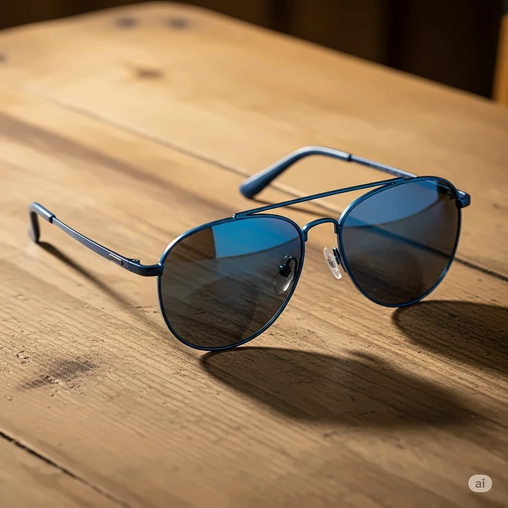 A pair of men's classic aviator-style sunglasses with a cool blue frame, resting on a wooden table.