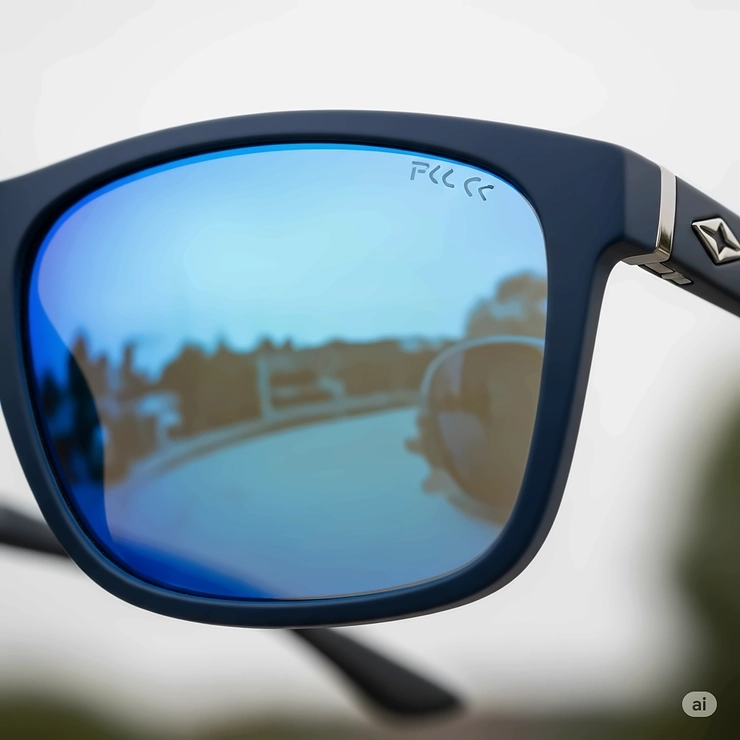 Close-up of blue polarized sunglasses for men, highlighting lens clarity and anti-glare features.