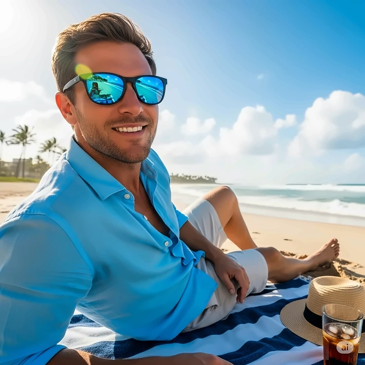 Man enjoying the beach while wearing cool blue sunglasses, perfect for summer vacations.