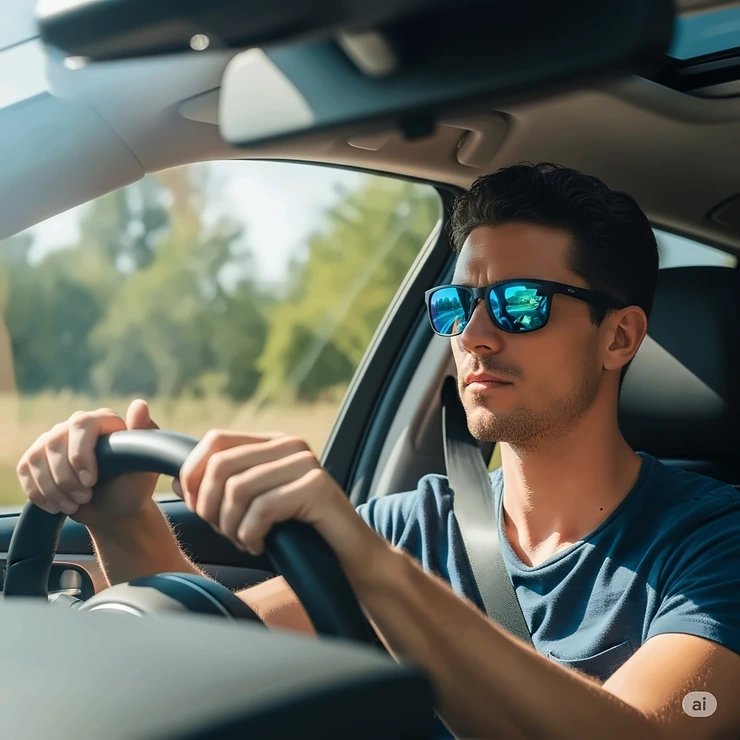 Man driving a car, wearing blue sunglasses for men that reduce glare and improve visibility.