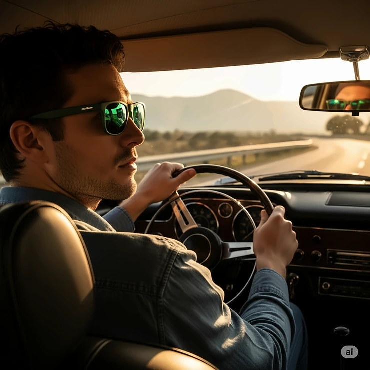 A man at the wheel of a car, using his green sunglasses to improve visibility and reduce eye strain while driving.