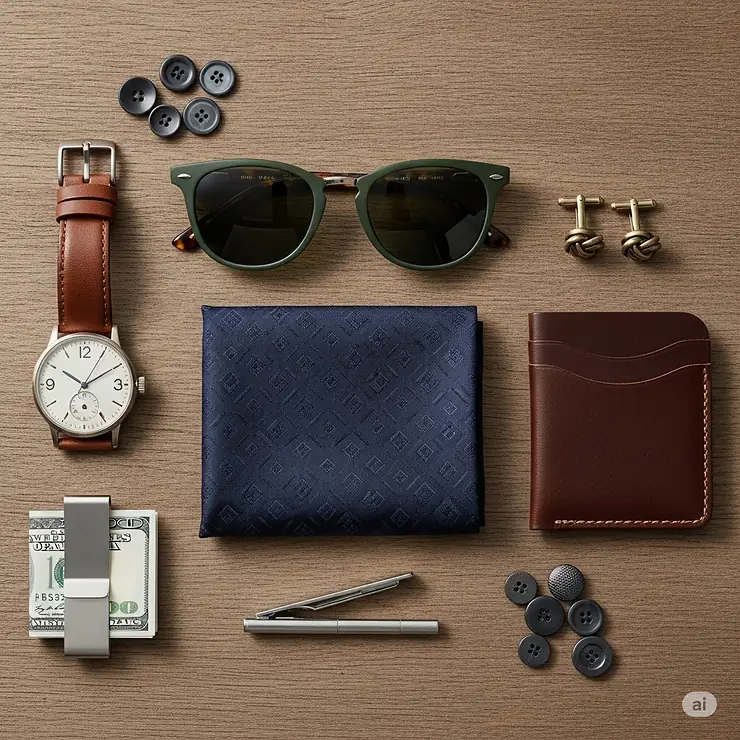 A detailed flat lay of various men's fashion accessories, featuring a pair of trendy green sunglasses as the central piece.