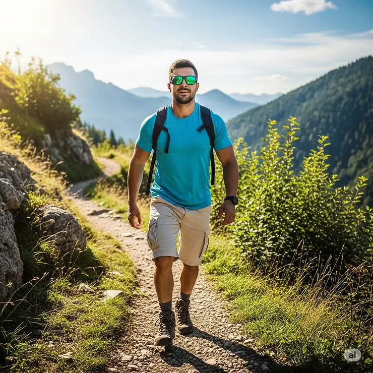 An active man on a hiking trail, wearing his green sunglasses to protect his eyes from the sun's glare.