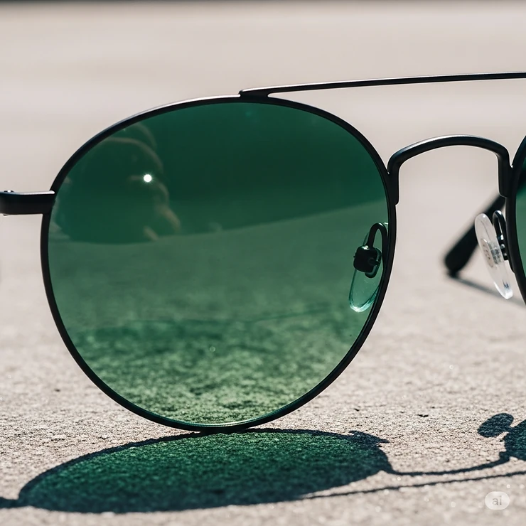 Close-up of men's round-frame green sunglasses, highlighting the unique style and tint of the lenses.