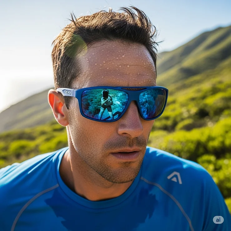 Athletic man wearing sporty blue sunglasses, ideal for outdoor activities and active lifestyles.