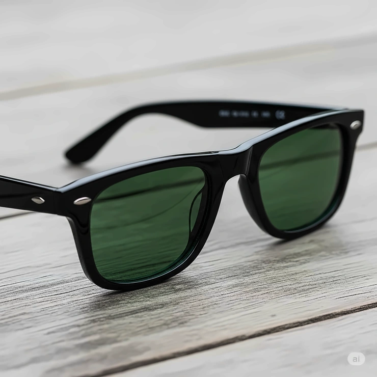 A pair of men's wayfarer-style sunglasses with green lenses, a popular and versatile choice for any occasion.