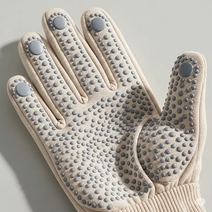 A shot of the palm side of sun protection gloves, clearly showing the silicone anti-slip grips that provide a secure hold.