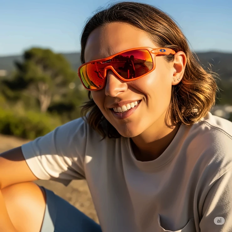A lifestyle shot of a person enjoying a sunny day outdoors, with a casual outfit and a pair of stylish orange Oakley sunglasses.