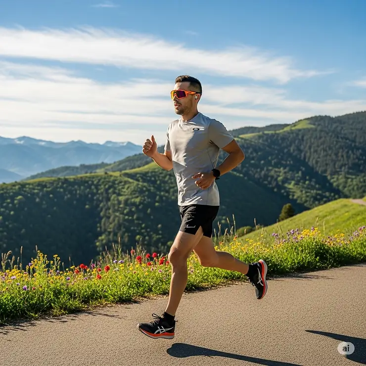 A man wearing orange Oakley sunglasses and athletic gear, running on a paved trail with a scenic backdrop.