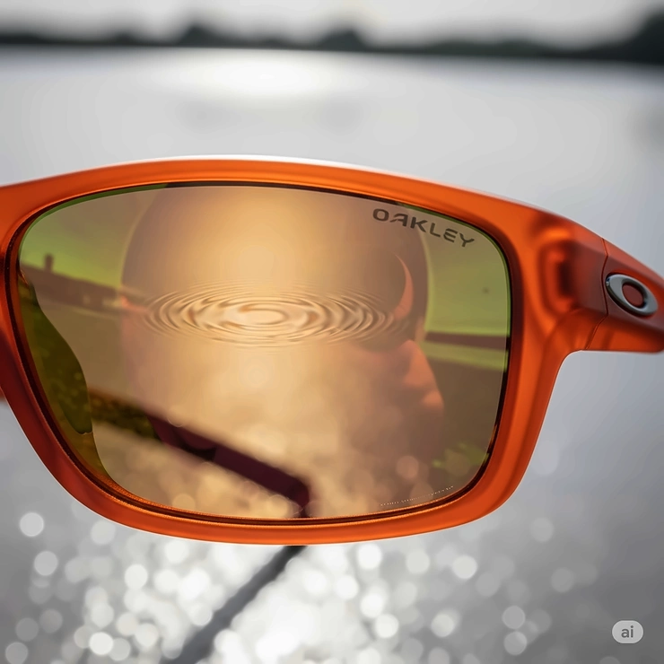 A detailed image showcasing the polarized lens technology of orange Oakley sunglasses, with a subtle distortion effect to illustrate glare reduction.