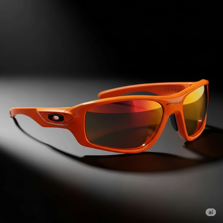 A three-quarter view of orange Oakley sunglasses, showcasing the design of the temples and the frame's curvature.