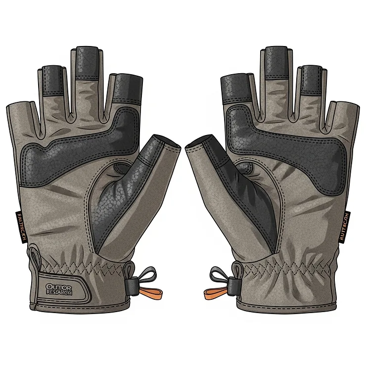 A detailed illustration showing the fingerless design of the Outdoor Research sun gloves, highlighting the reinforced leather palm and pull loops for easy removal.