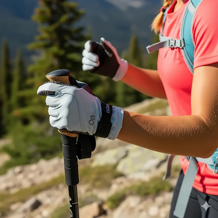 A female model wearing the Outdoor Research Chroma Sun Gloves, showing how the gloves provide full back-of-hand protection during a hike.
