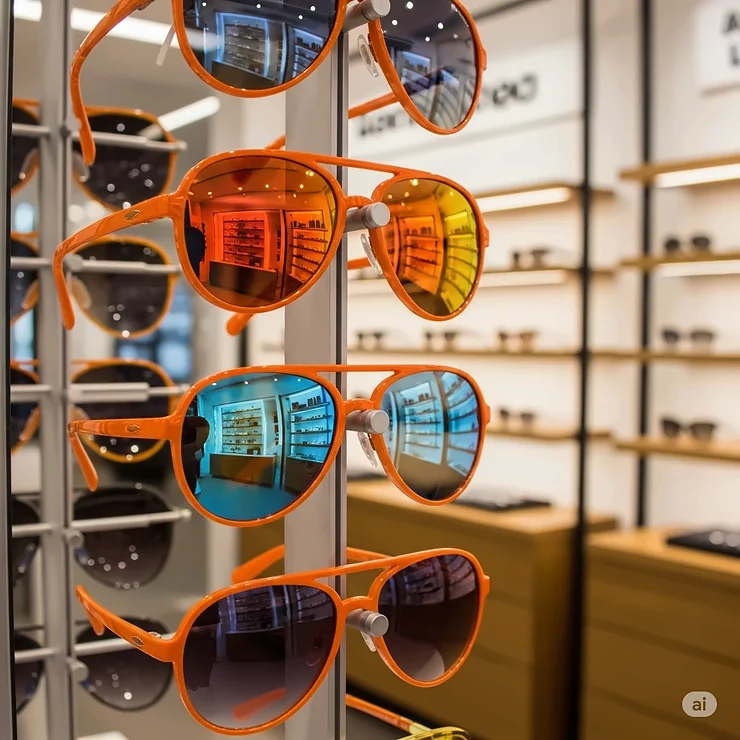 A shot of several pairs of orange aviator sunglasses hanging on a display rack in a modern eyewear store.