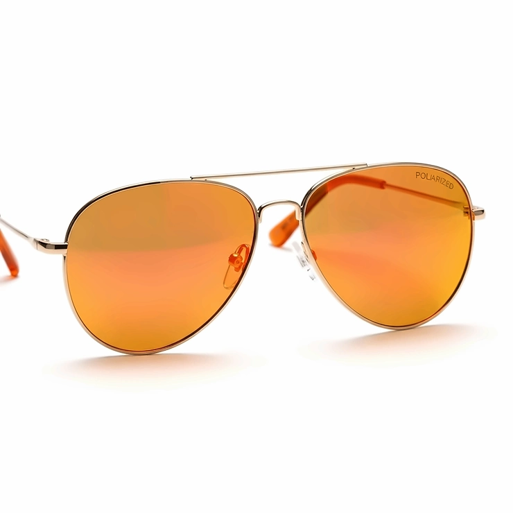 A detailed product shot of a pair of orange aviator sunglasses on a white background, highlighting the thin gold frame and polarized lenses.