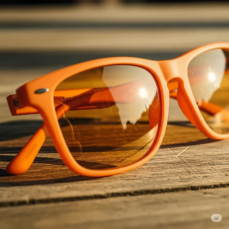 A close-up shot of a pair of stylish orange-colored sunglasses resting on a wooden table, with sunlight reflecting off the lenses.