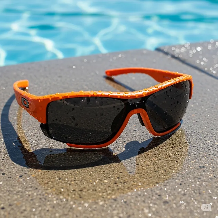 A pair of orange Oakley sunglasses lying near a swimming pool, with water droplets on the frame, suggesting their suitability for water sports.