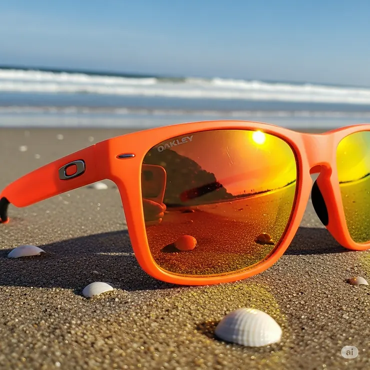 A close-up shot of a pair of bright orange Oakley sunglasses resting on a sandy beach, with the sun reflecting off the lenses.
