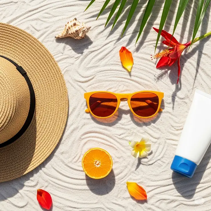 A flat lay image featuring a pair of orange sunglasses alongside other summer accessories like a straw hat and sunscreen.