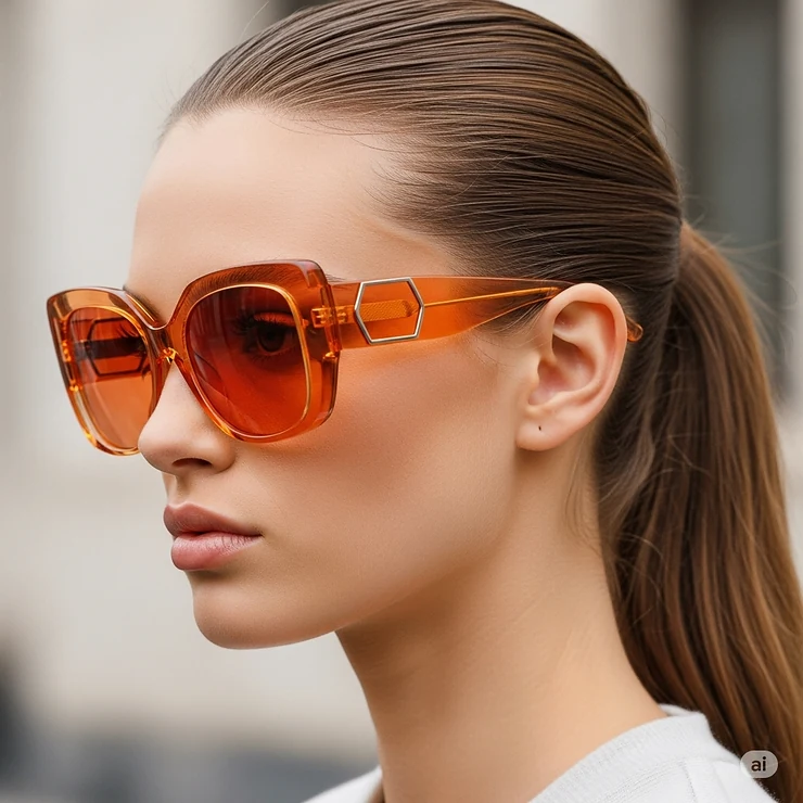 A side profile of a model wearing fashionable orange-colored sunglasses, showcasing how they fit and look.