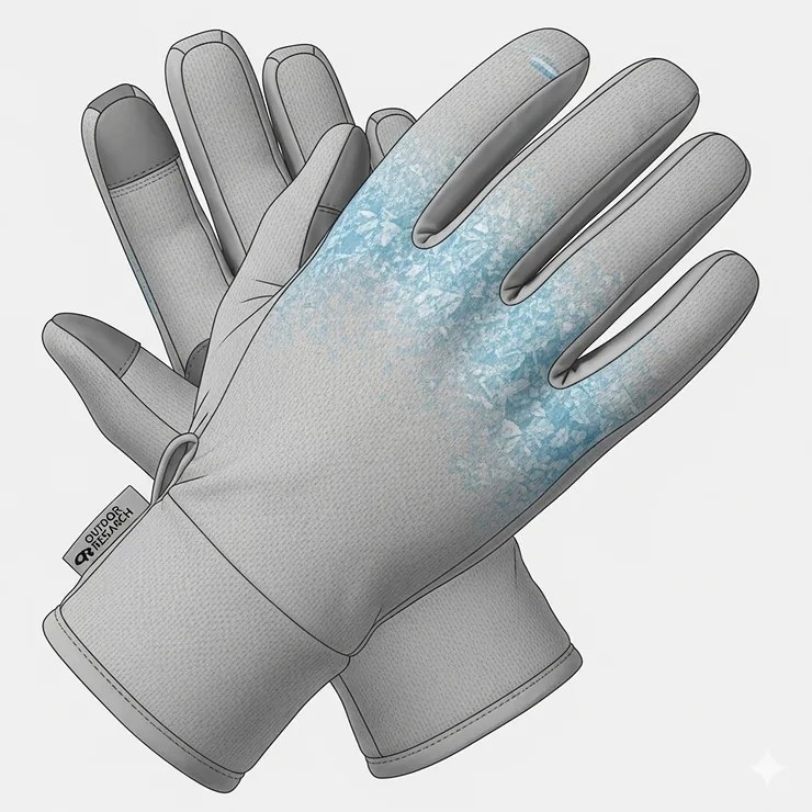 Illustration of the Outdoor Research ActiveIce Sun Gloves, highlighting the cooling technology with a subtle blue ice graphic and fabric texture.